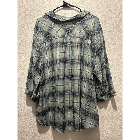 Catherines Button Up Shirt Womens 3X Blue Plaid Rhinestones Lightweight Beachy - Picture 2 of 7